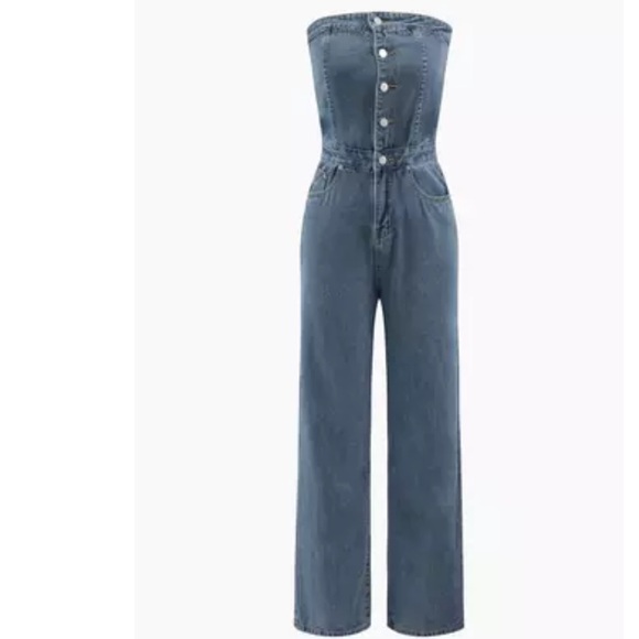 Button front denim  stapples jumpsuit - Picture 4 of 5